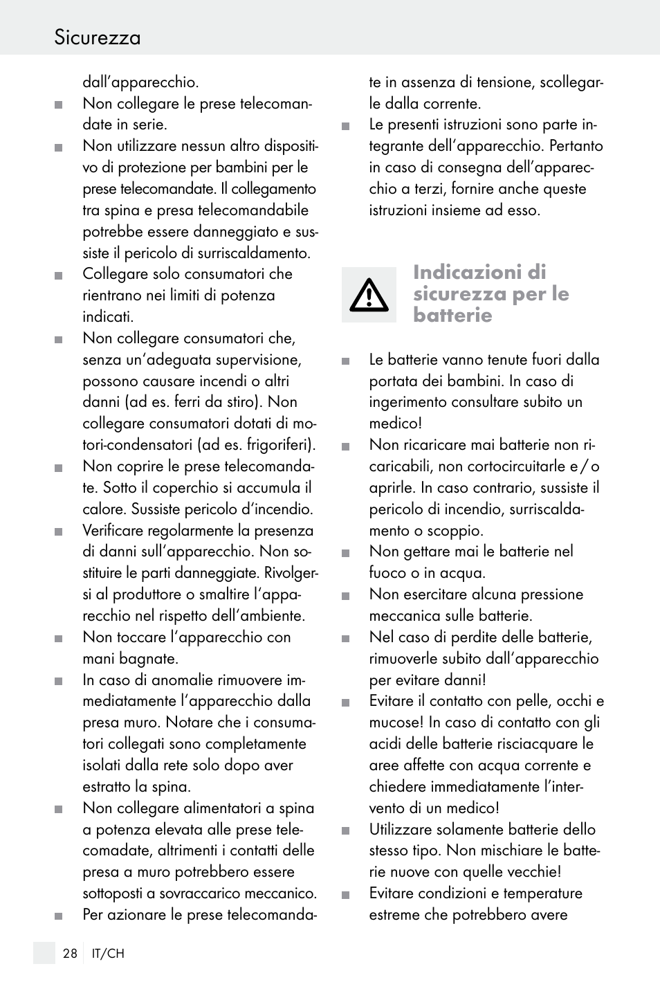 Sicurezza, Indicazioni di sicurezza per le batterie | Silvercrest WIRELESS SOCKET SET User Manual | Page 28 / 45