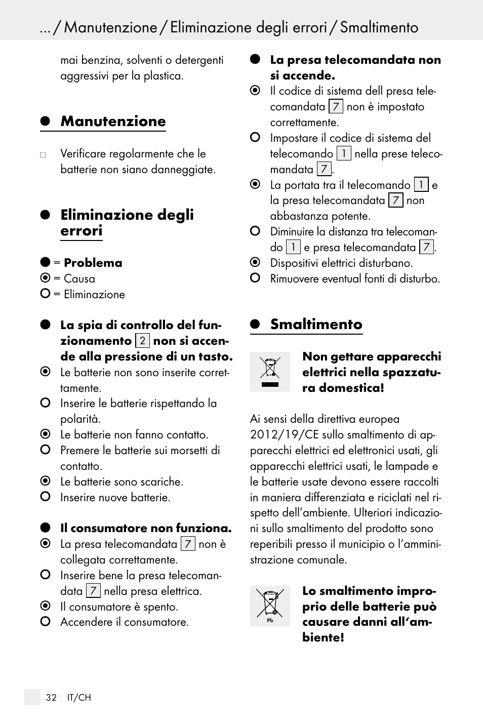 Manutenzione, Eliminazione degli errori, Smaltimento | Silvercrest WIRELESS SOCKET SET User Manual | Page 32 / 45