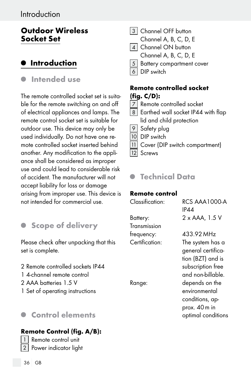 Introduction, Scope of delivery, Control elements | Technical data | Silvercrest WIRELESS SOCKET SET User Manual | Page 36 / 45