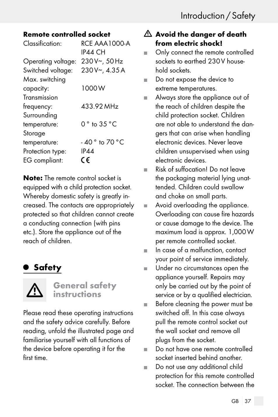 Introduction / safety, Safety general safety instructions | Silvercrest WIRELESS SOCKET SET User Manual | Page 37 / 45