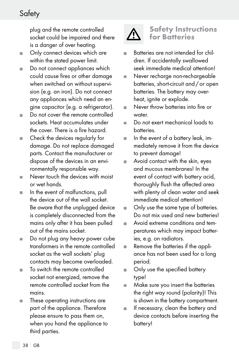 Safety, Safety instructions for batteries | Silvercrest WIRELESS SOCKET SET User Manual | Page 38 / 45