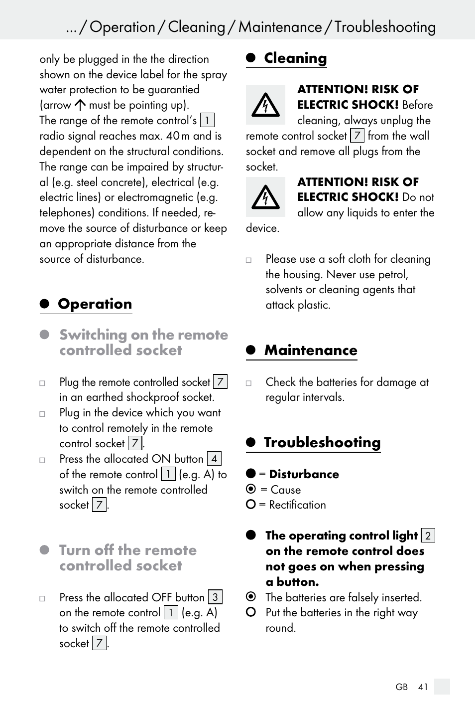 Turn off the remote controlled socket, Cleaning, Maintenance | Troubleshooting | Silvercrest WIRELESS SOCKET SET User Manual | Page 41 / 45