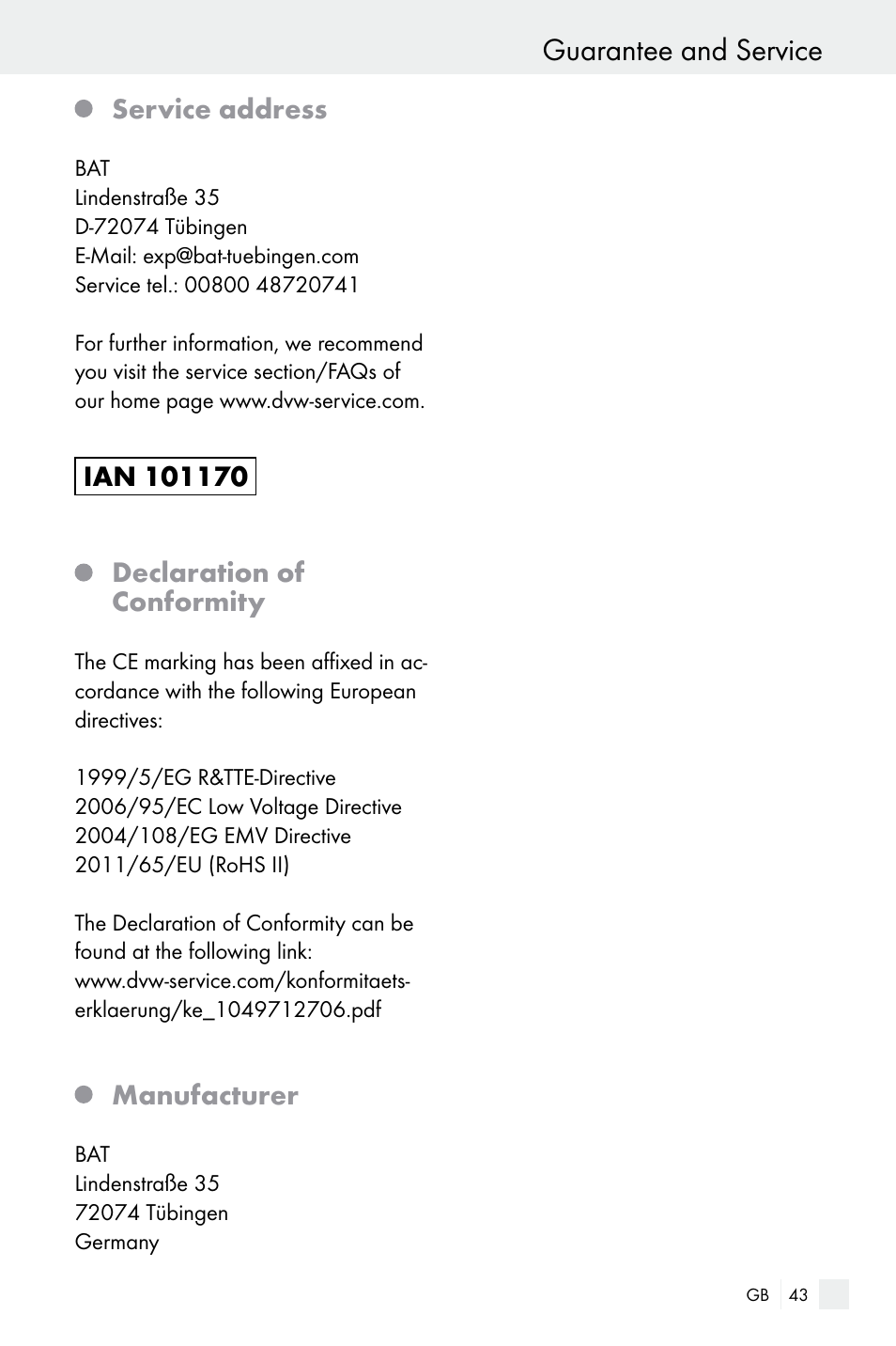 Guarantee and service, Service address, Manufacturer | Silvercrest WIRELESS SOCKET SET User Manual | Page 43 / 45