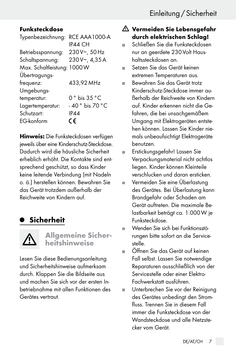 Einleitung / sicherheit, Sicherheit allgemeine sicher- heitshinweise | Silvercrest WIRELESS SOCKET SET User Manual | Page 7 / 45