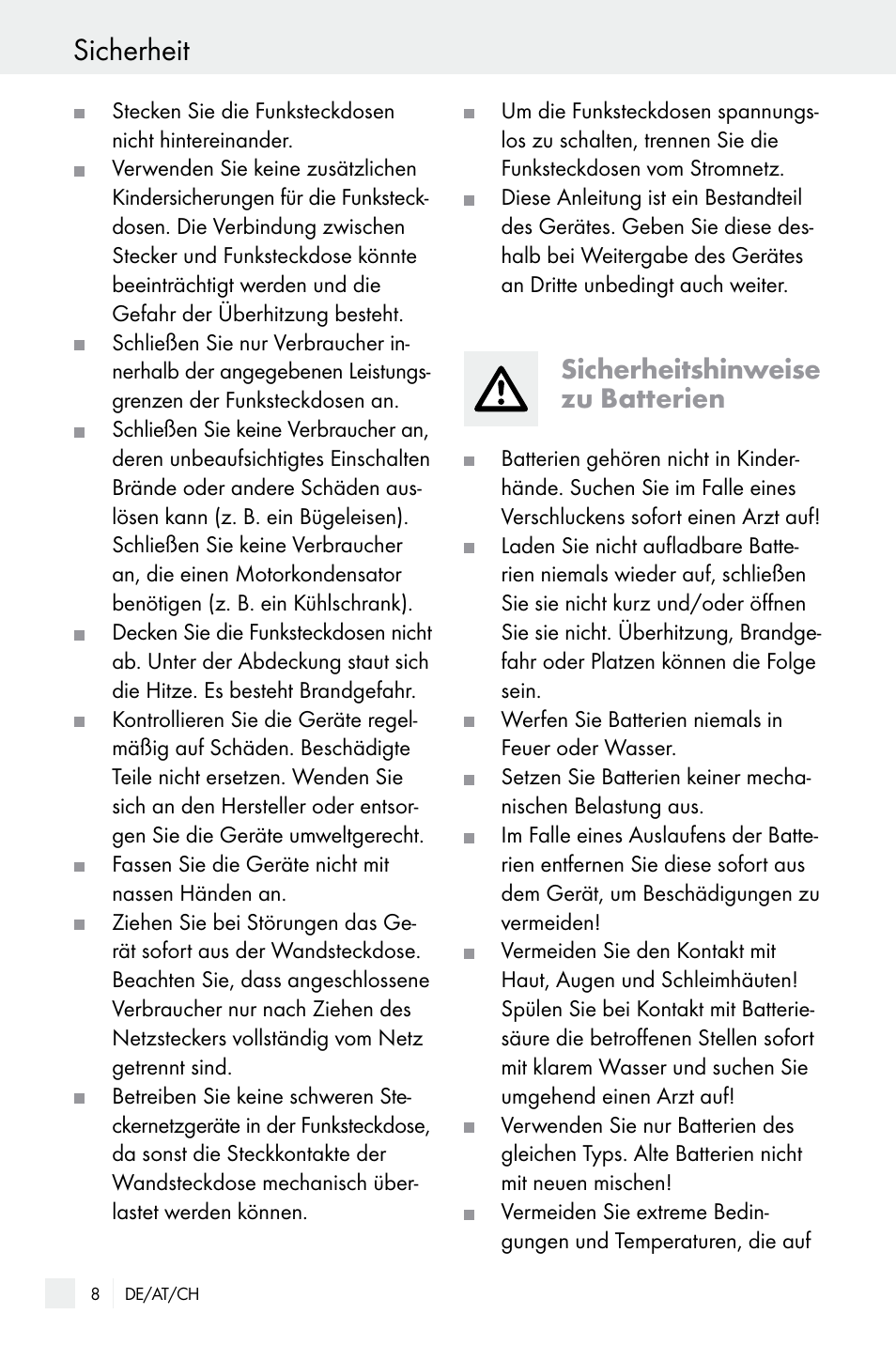 Sicherheit, Sicherheitshinweise zu batterien | Silvercrest WIRELESS SOCKET SET User Manual | Page 8 / 45