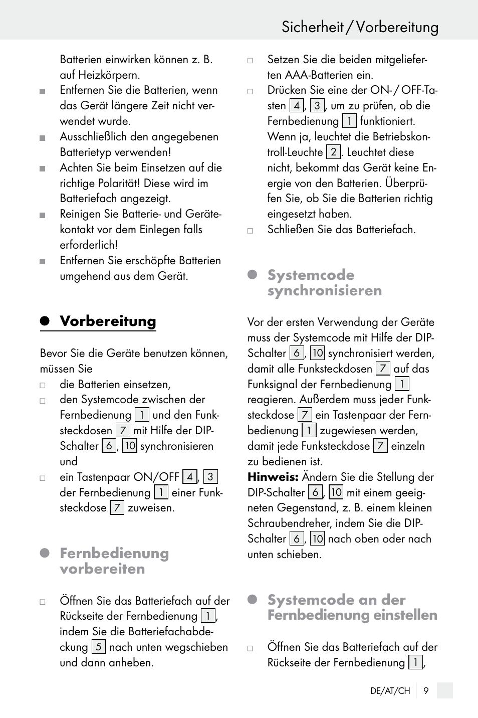 Sicherheit / vorbereitung, Vorbereitung, Fernbedienung vorbereiten | Systemcode synchronisieren, Systemcode an der fernbedienung einstellen | Silvercrest WIRELESS SOCKET SET User Manual | Page 9 / 45