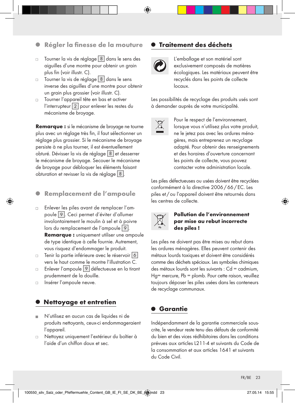 Régler la finesse de la mouture, Remplacement de l’ampoule, Nettoyage et entretien | Traitement des déchets, Garantie | Silvercrest Z31498/Z31498A/Z31498B/Z31498C User Manual | Page 23 / 35