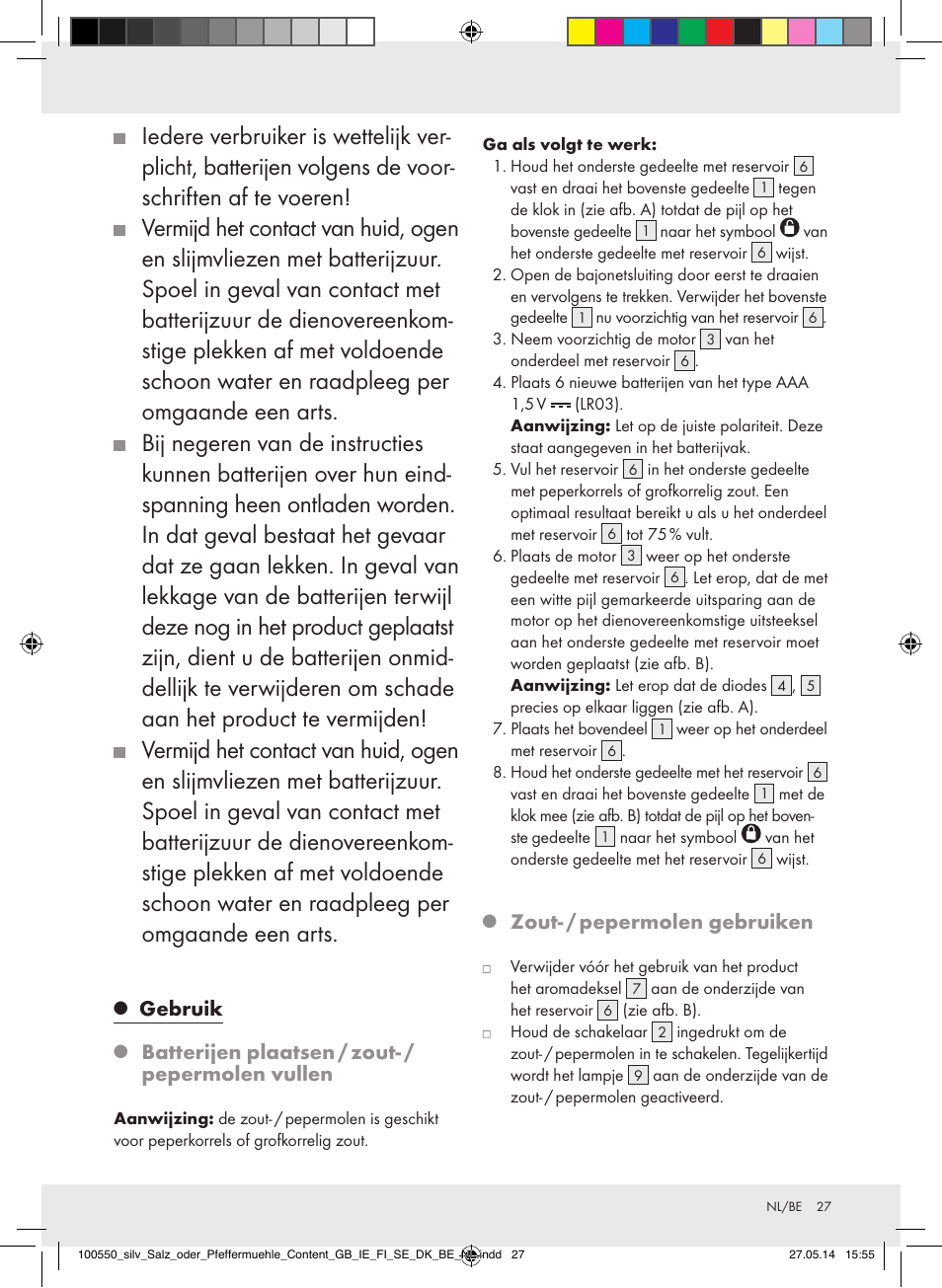 Gebruik, Batterijen plaatsen / zout- / pepermolen vullen, Zout- / pepermolen gebruiken | Silvercrest Z31498/Z31498A/Z31498B/Z31498C User Manual | Page 27 / 35