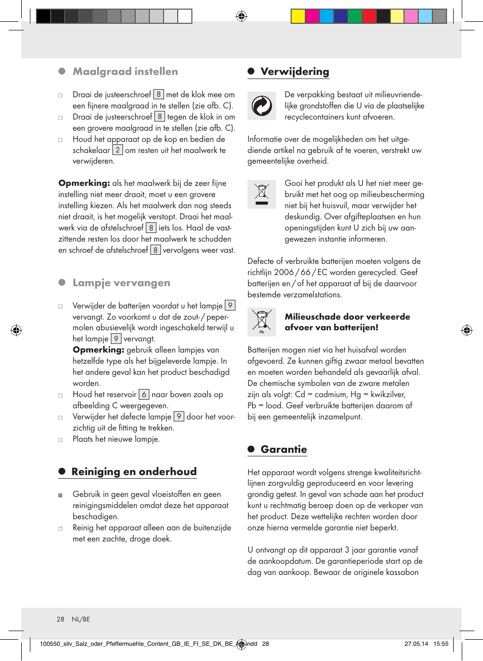Maalgraad instellen, Lampje vervangen, Reiniging en onderhoud | Verwijdering, Garantie | Silvercrest Z31498/Z31498A/Z31498B/Z31498C User Manual | Page 28 / 35