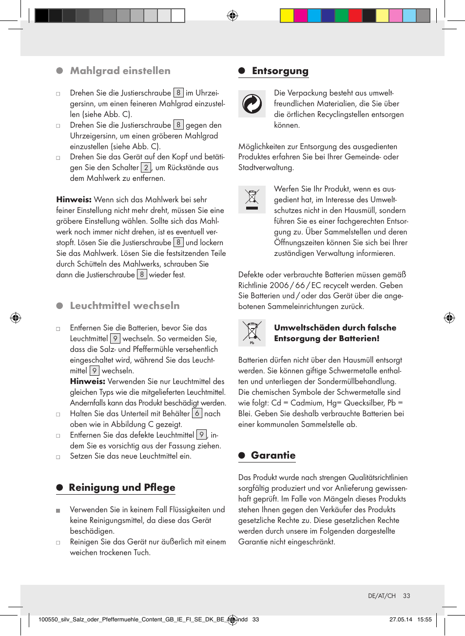 Mahlgrad einstellen, Leuchtmittel wechseln, Reinigung und pflege | Entsorgung, Garantie | Silvercrest Z31498/Z31498A/Z31498B/Z31498C User Manual | Page 33 / 35