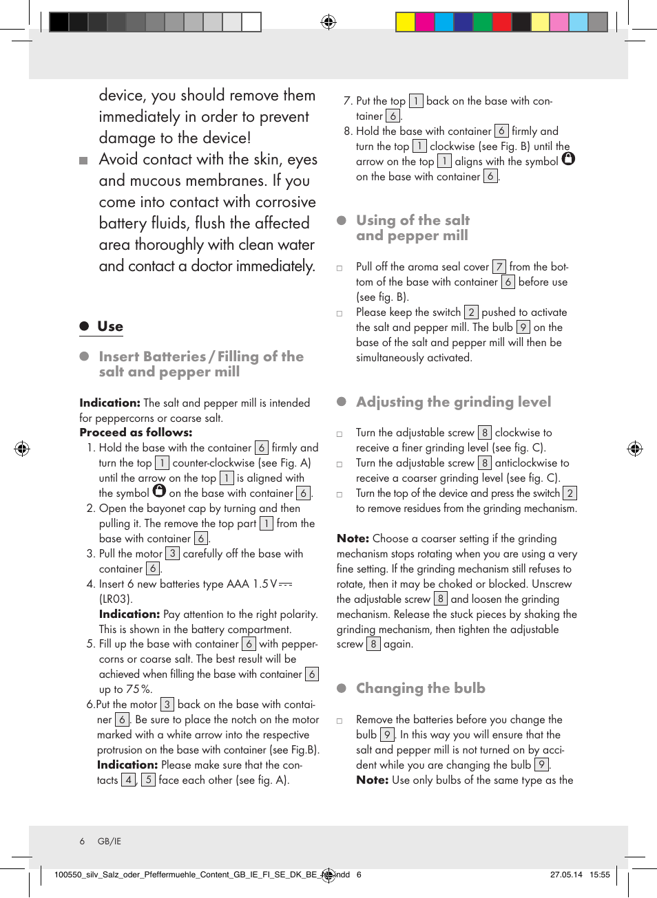 Using of the salt and pepper mill, Adjusting the grinding level, Changing the bulb | Silvercrest Z31498/Z31498A/Z31498B/Z31498C User Manual | Page 6 / 35