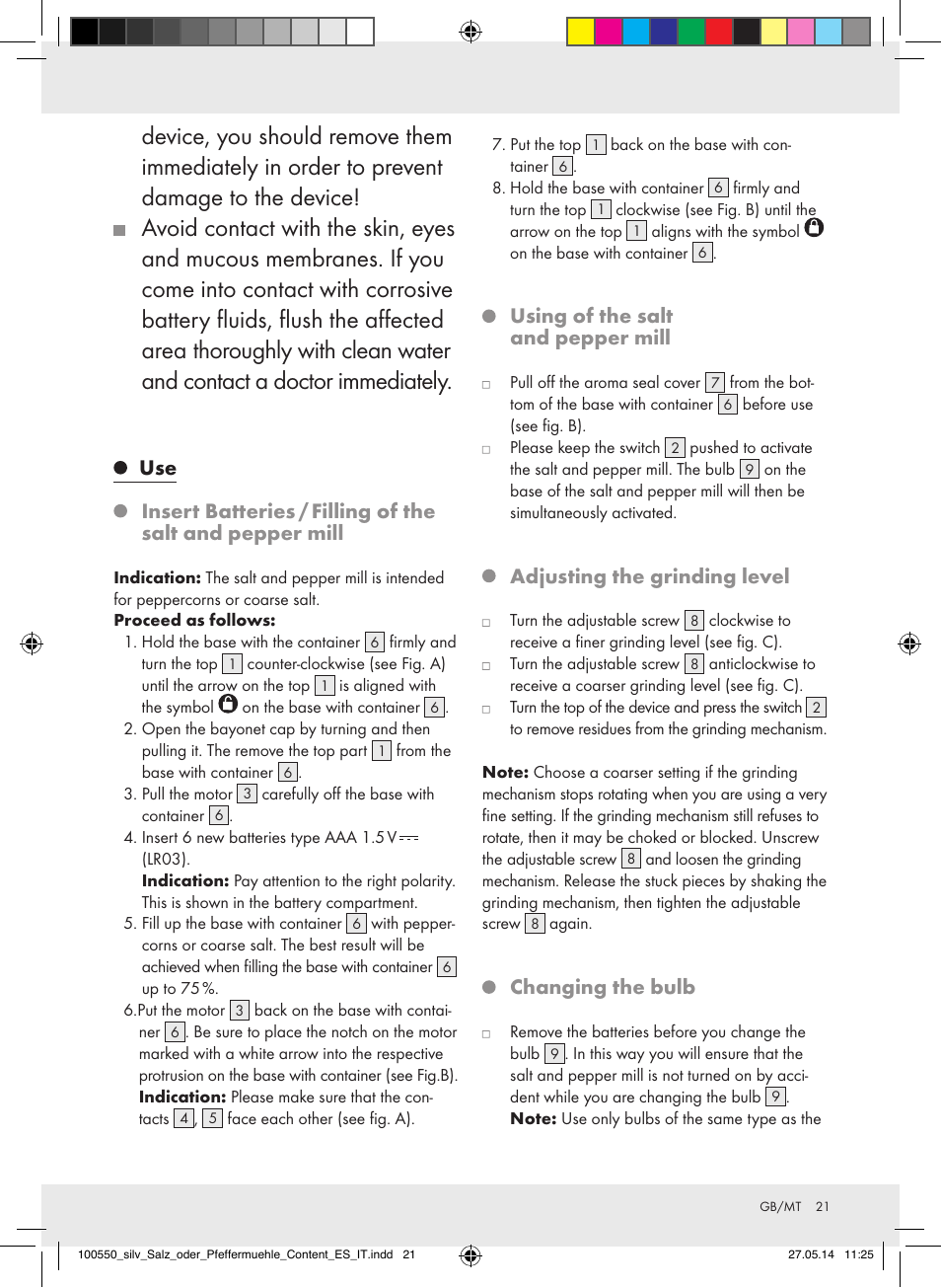 Using of the salt and pepper mill, Adjusting the grinding level, Changing the bulb | Silvercrest Z31498/Z31498A/Z31498B/Z31498C User Manual | Page 21 / 28