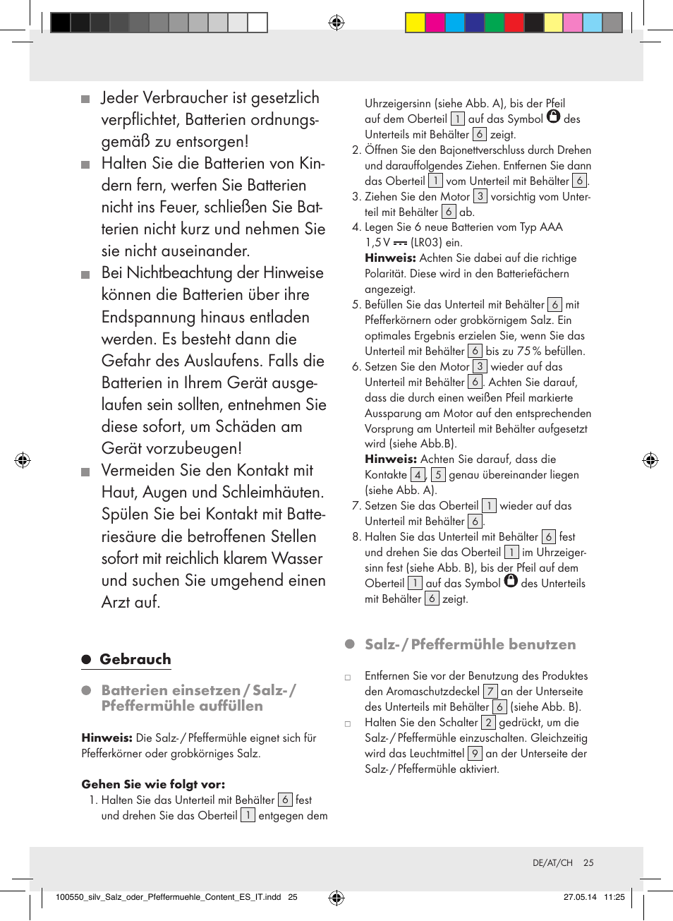 Gebrauch, Salz- / pfeffermühle benutzen | Silvercrest Z31498/Z31498A/Z31498B/Z31498C User Manual | Page 25 / 28