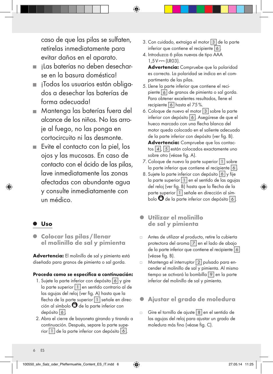 Utilizar el molinillo de sal y pimienta, Ajustar el grado de moledura | Silvercrest Z31498/Z31498A/Z31498B/Z31498C User Manual | Page 6 / 28