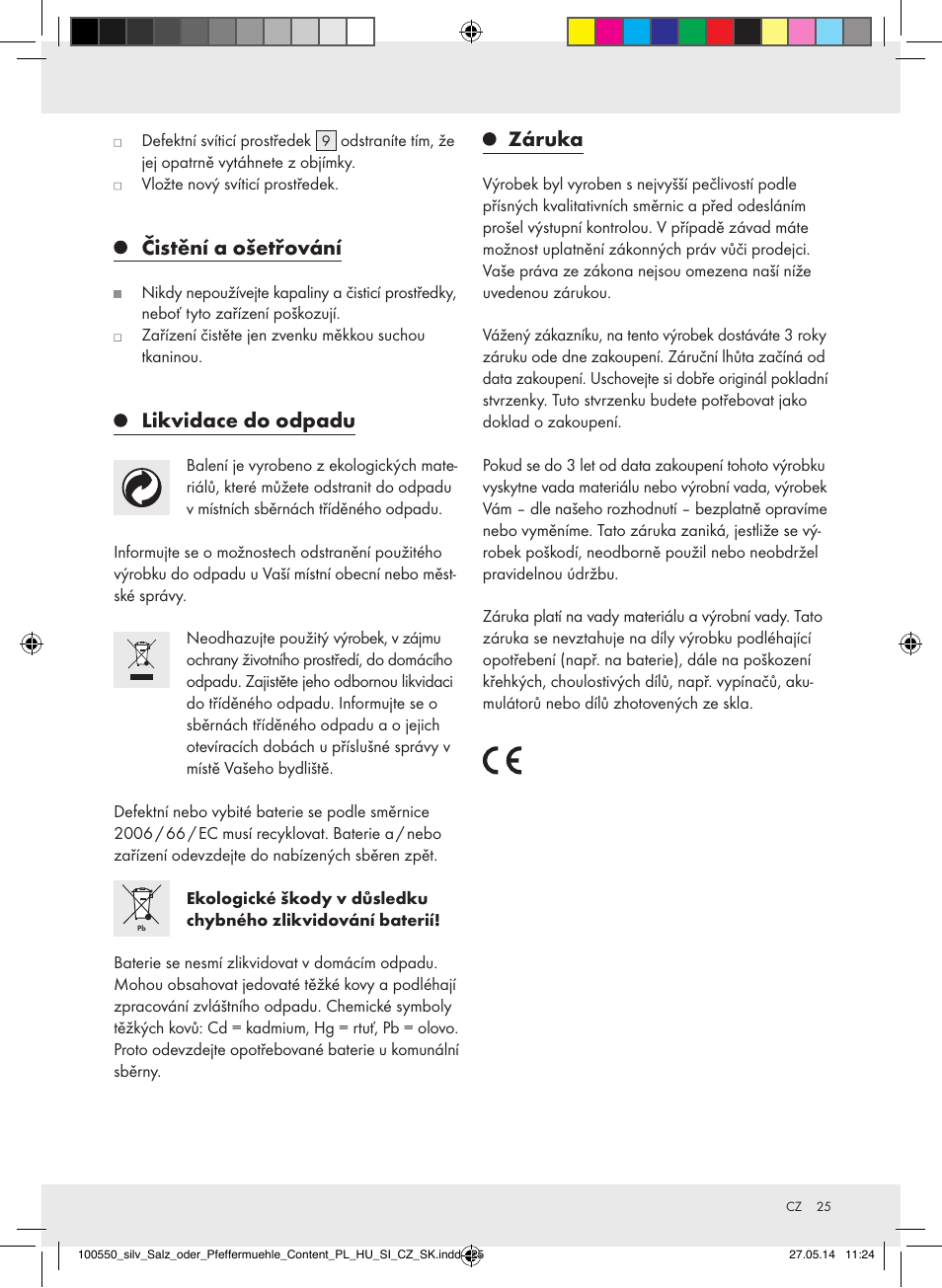 Čistění a ošetřování, Likvidace do odpadu, Záruka | Silvercrest Z31498/Z31498A/Z31498B/Z31498C User Manual | Page 25 / 35