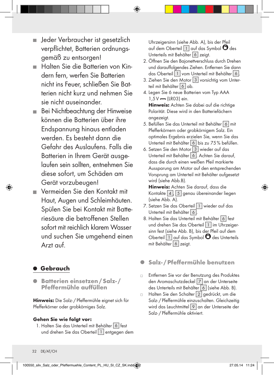 Gebrauch, Salz- / pfeffermühle benutzen | Silvercrest Z31498/Z31498A/Z31498B/Z31498C User Manual | Page 32 / 35