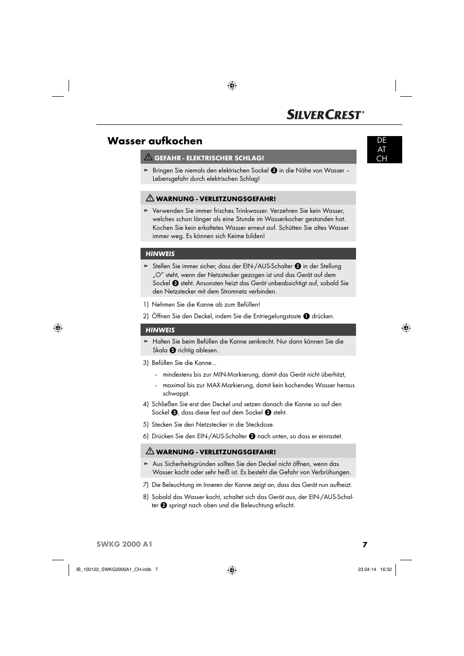 Wasser aufkochen, De at ch | Silvercrest SWKG 2000 A1 User Manual | Page 10 / 51