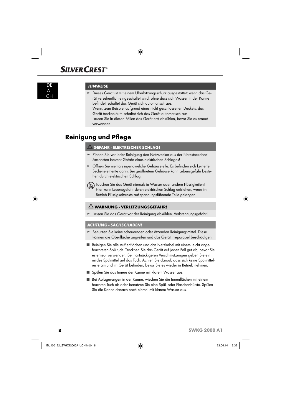 Reinigung und pﬂ ege, De at ch | Silvercrest SWKG 2000 A1 User Manual | Page 11 / 51