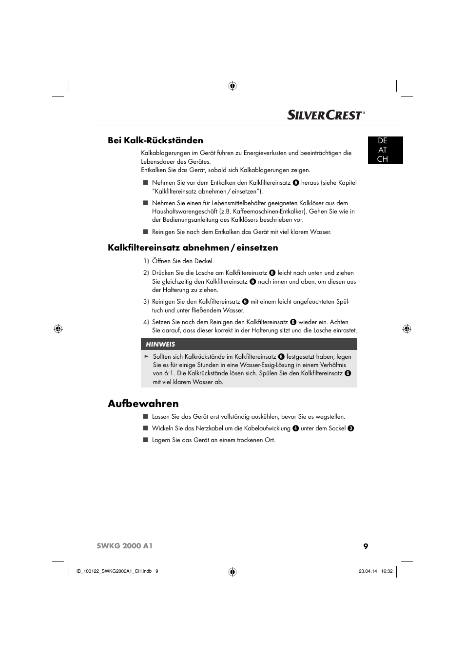 Aufbewahren, Bei kalk-rückständen, Kalkﬁ ltereinsatz abnehmen / einsetzen | De at ch | Silvercrest SWKG 2000 A1 User Manual | Page 12 / 51