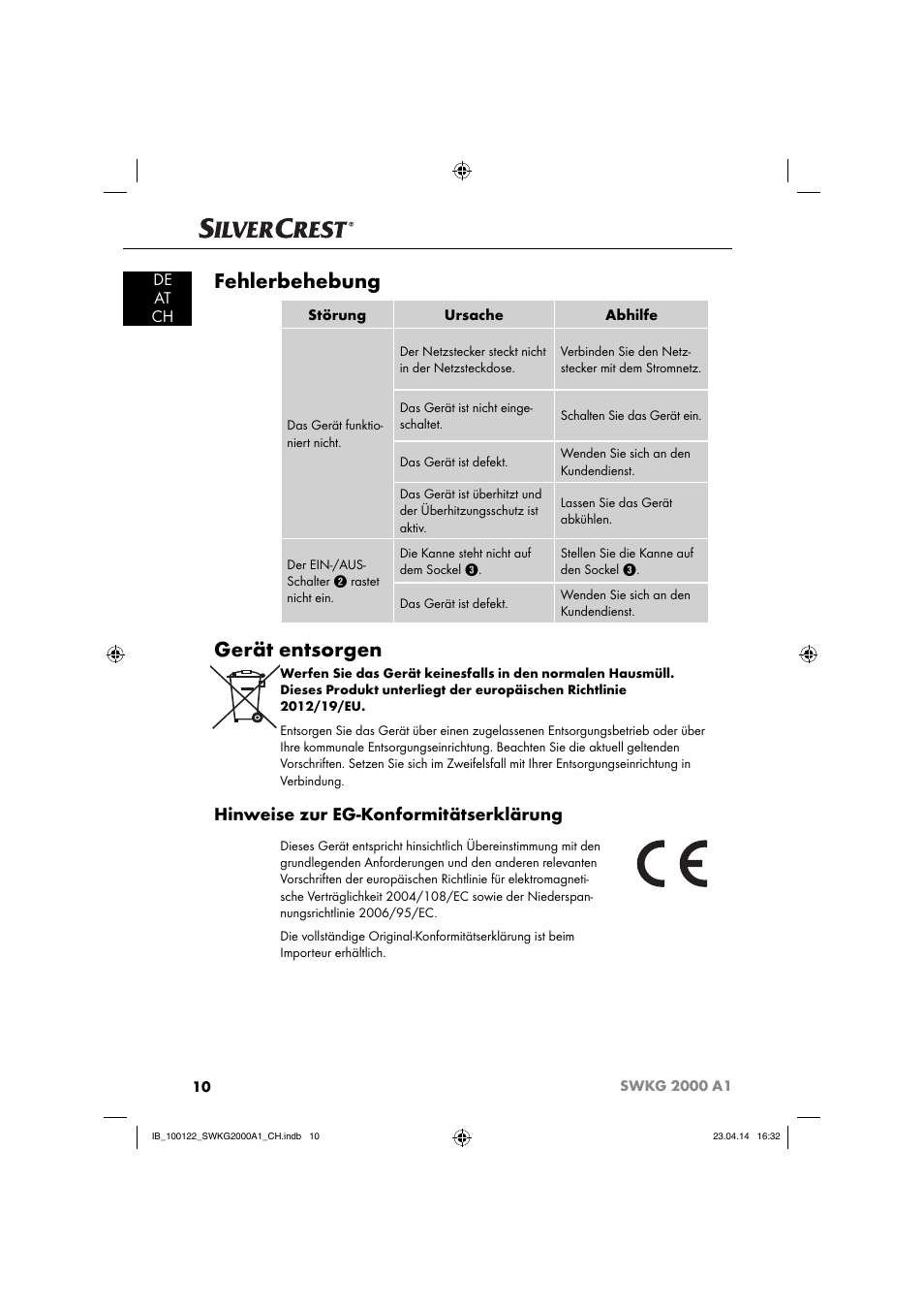 Fehlerbehebung, Gerät entsorgen, Hinweise zur eg-konformitätserklärung | De at ch | Silvercrest SWKG 2000 A1 User Manual | Page 13 / 51
