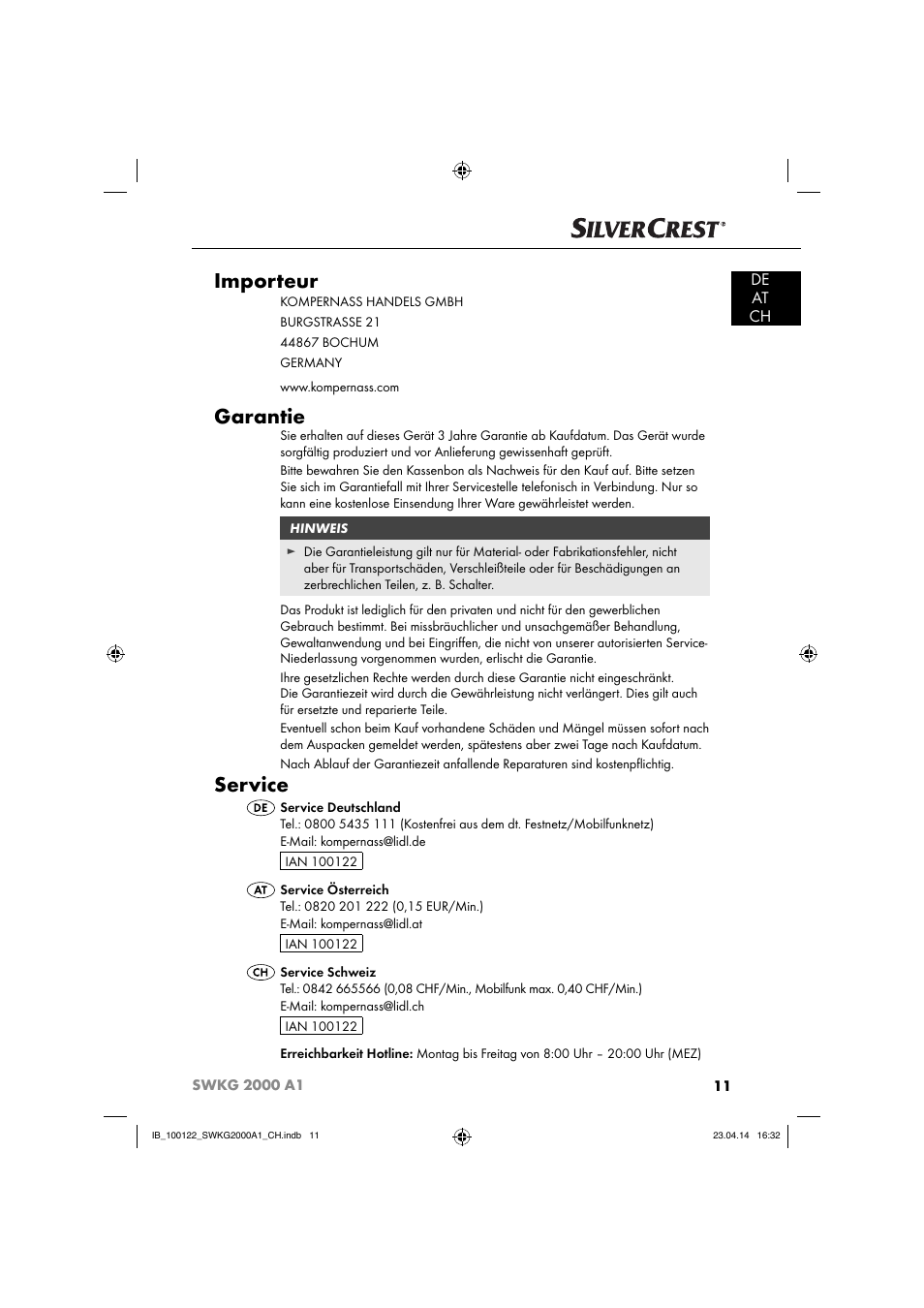 Importeur, Garantie, Service | De at ch | Silvercrest SWKG 2000 A1 User Manual | Page 14 / 51