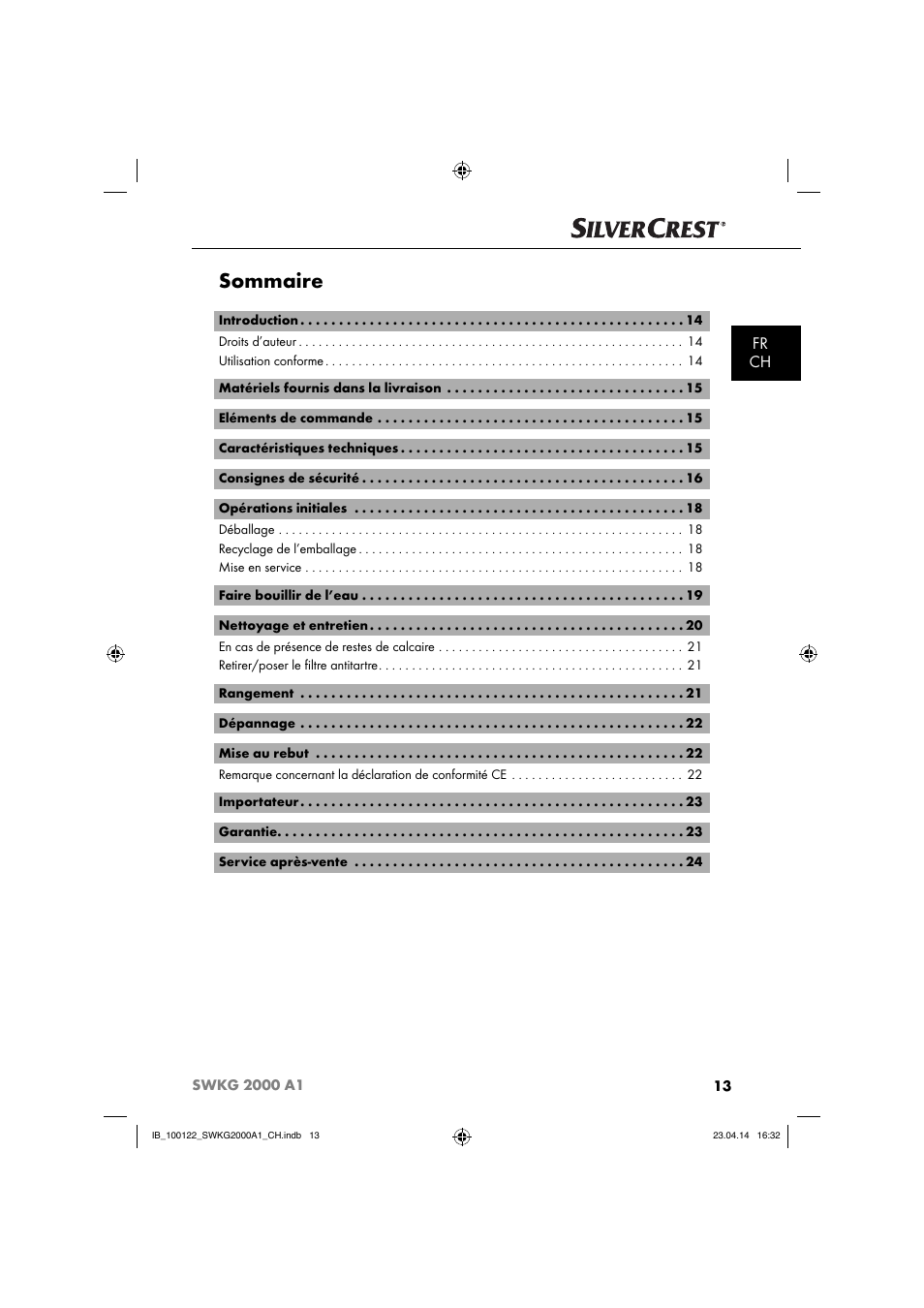 Sommaire, Fr ch | Silvercrest SWKG 2000 A1 User Manual | Page 16 / 51