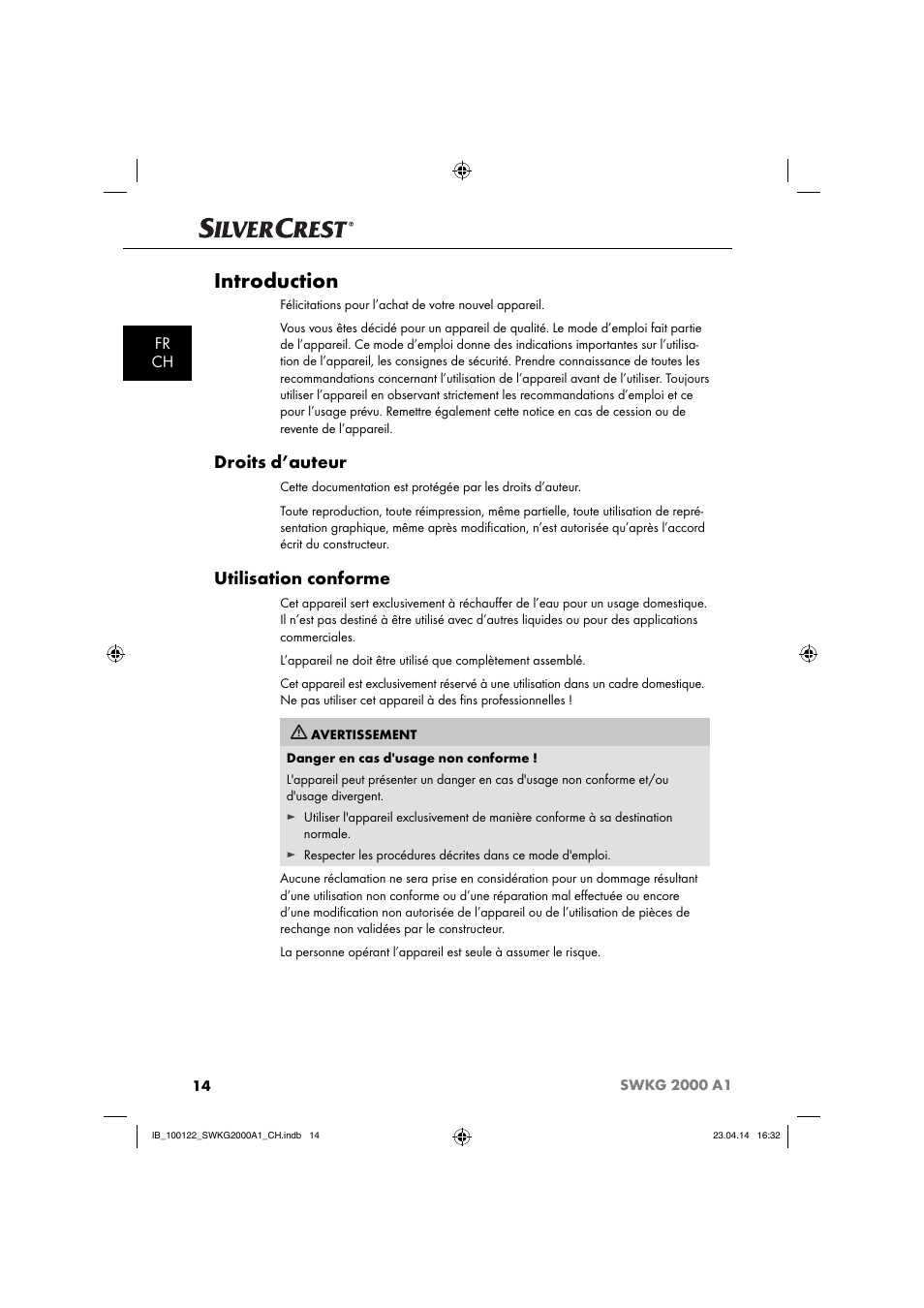 Introduction, Droits d’auteur, Utilisation conforme | Fr ch | Silvercrest SWKG 2000 A1 User Manual | Page 17 / 51