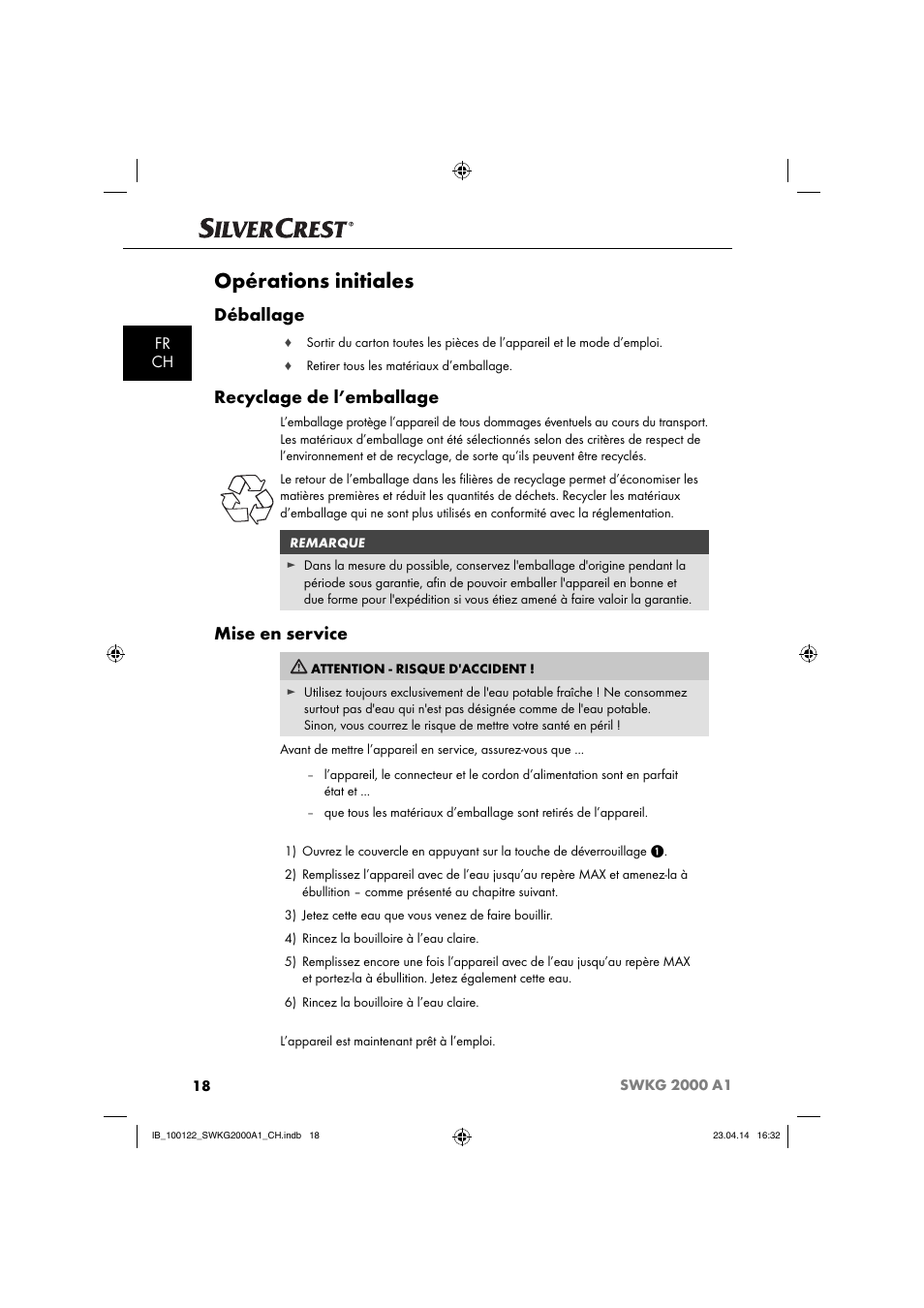 Opérations initiales, Déballage, Recyclage de l’emballage | Mise en service, Fr ch | Silvercrest SWKG 2000 A1 User Manual | Page 21 / 51