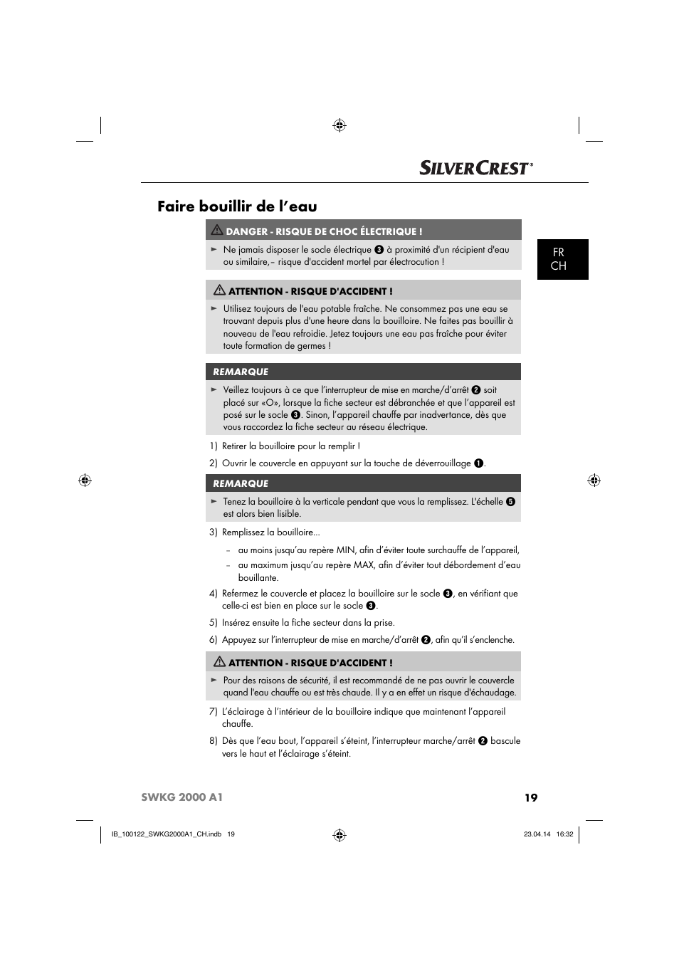 Faire bouillir de l’eau, Fr ch | Silvercrest SWKG 2000 A1 User Manual | Page 22 / 51