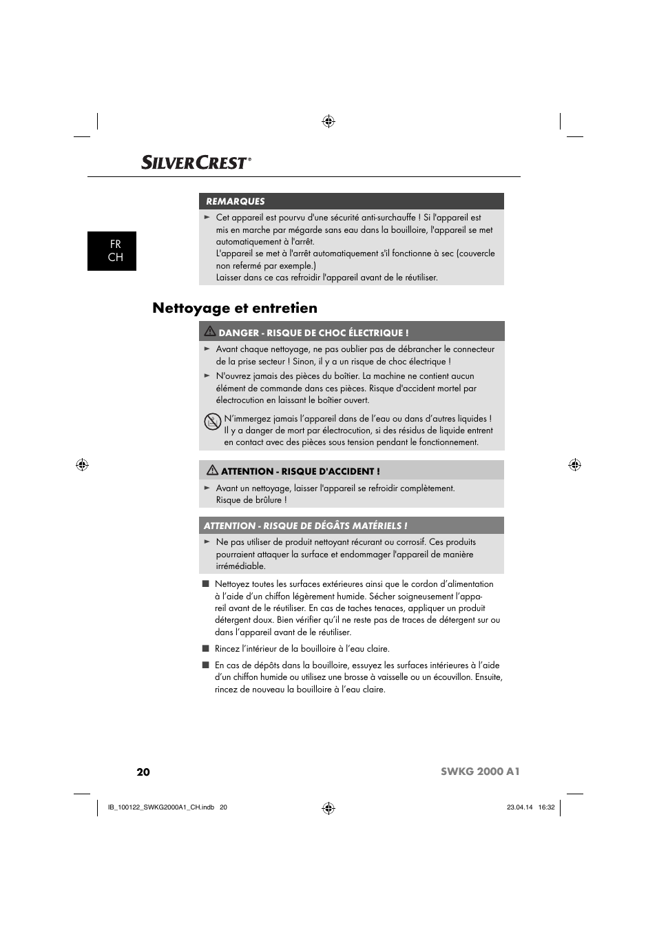 Nettoyage et entretien, Fr ch | Silvercrest SWKG 2000 A1 User Manual | Page 23 / 51