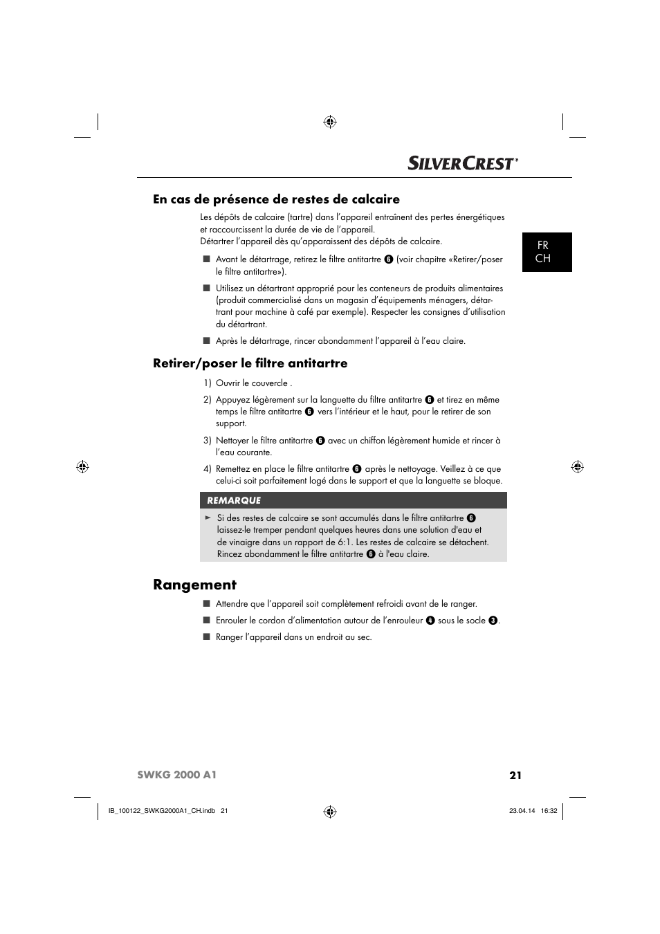 Rangement, En cas de présence de restes de calcaire, Retirer/poser le ﬁ ltre antitartre | Fr ch | Silvercrest SWKG 2000 A1 User Manual | Page 24 / 51