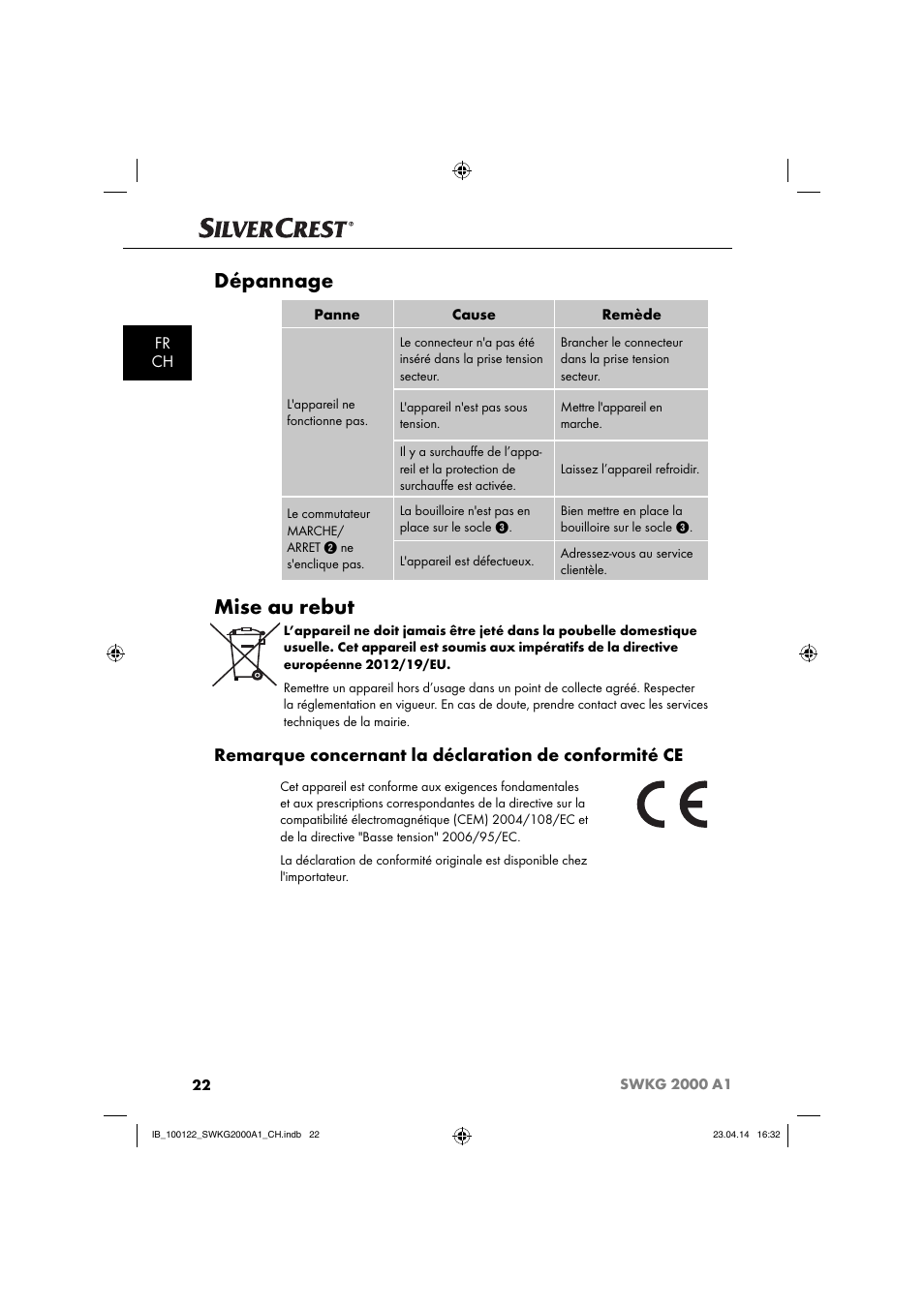 Dépannage, Mise au rebut, Fr ch | Silvercrest SWKG 2000 A1 User Manual | Page 25 / 51