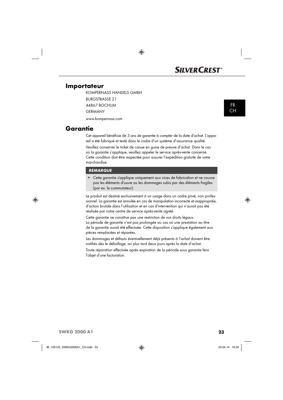 Importateur, Garantie, Fr ch | Silvercrest SWKG 2000 A1 User Manual | Page 26 / 51