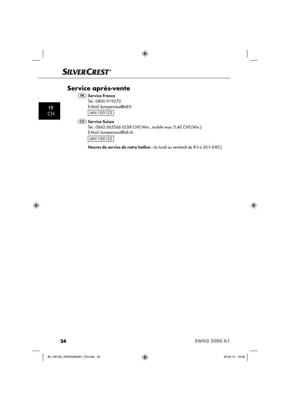 Service après-vente, Fr ch | Silvercrest SWKG 2000 A1 User Manual | Page 27 / 51