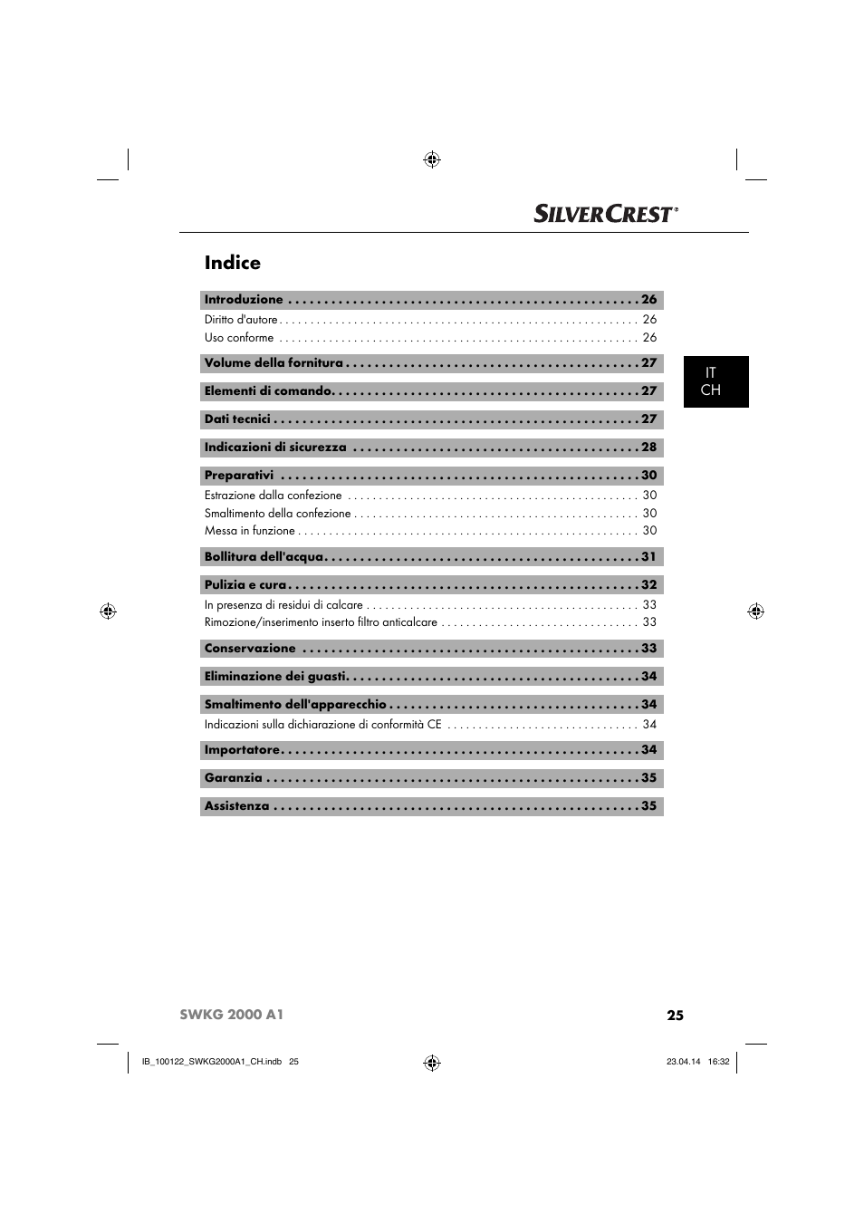 Indice, It ch | Silvercrest SWKG 2000 A1 User Manual | Page 28 / 51