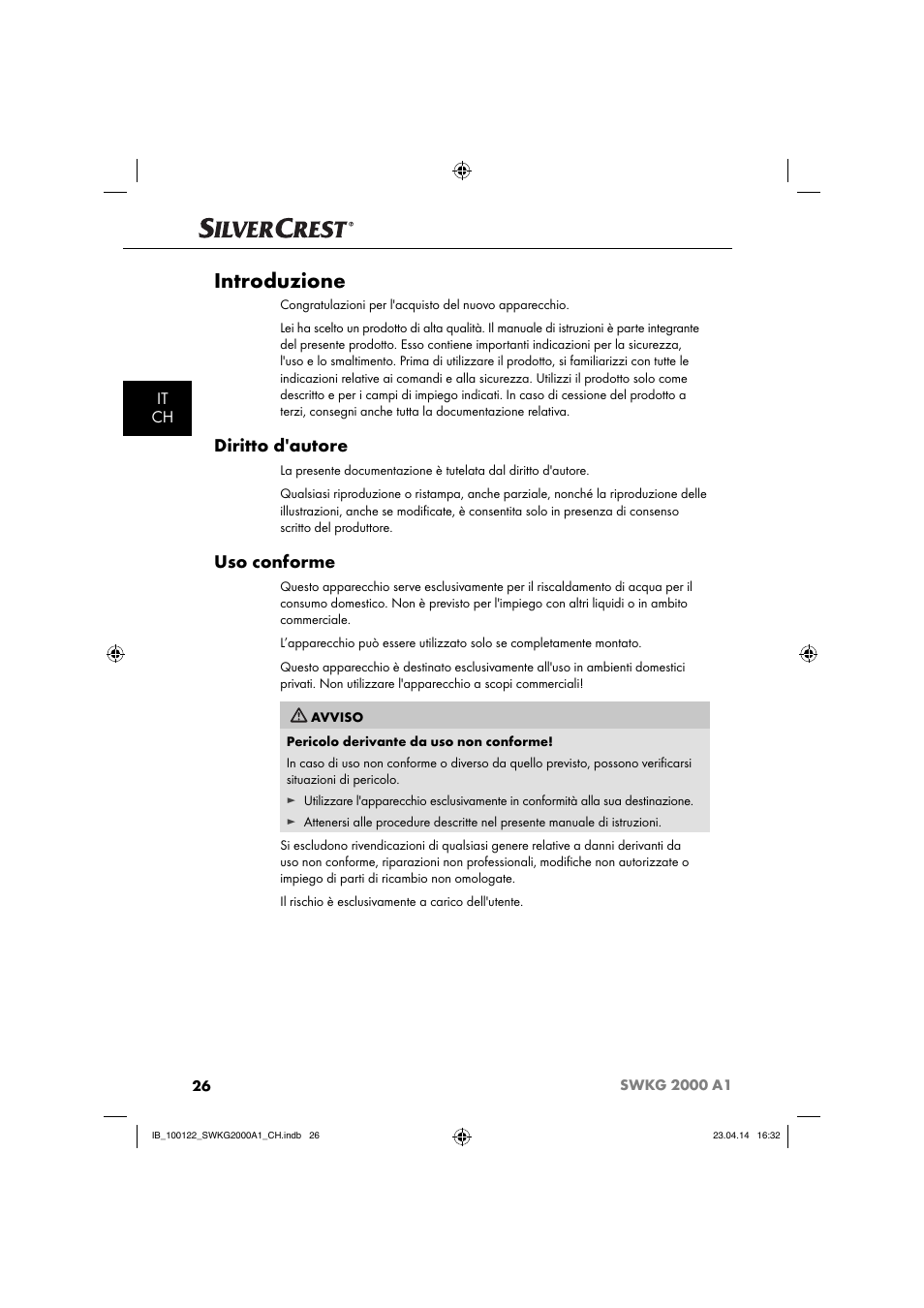 Introduzione, Diritto d'autore, Uso conforme | It ch | Silvercrest SWKG 2000 A1 User Manual | Page 29 / 51