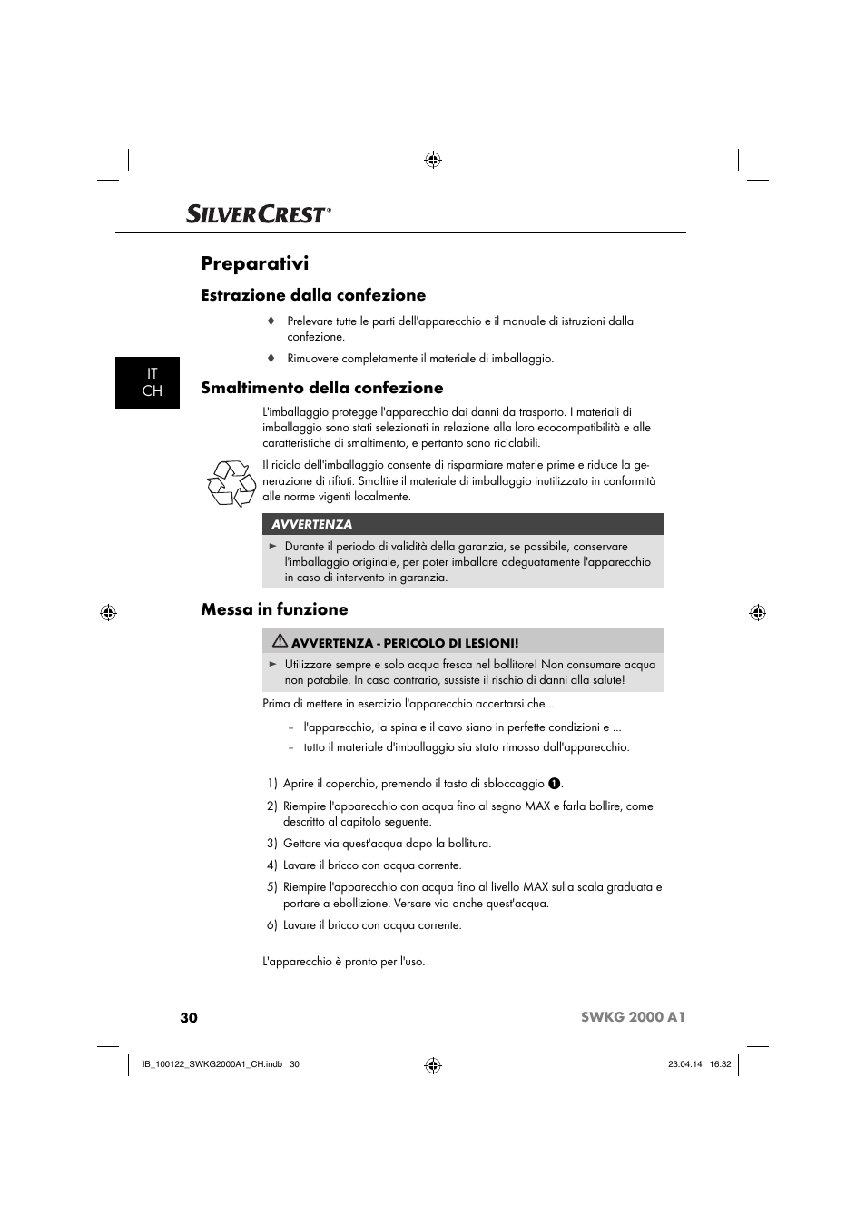 Preparativi, Estrazione dalla confezione, Smaltimento della confezione | Messa in funzione, It ch | Silvercrest SWKG 2000 A1 User Manual | Page 33 / 51