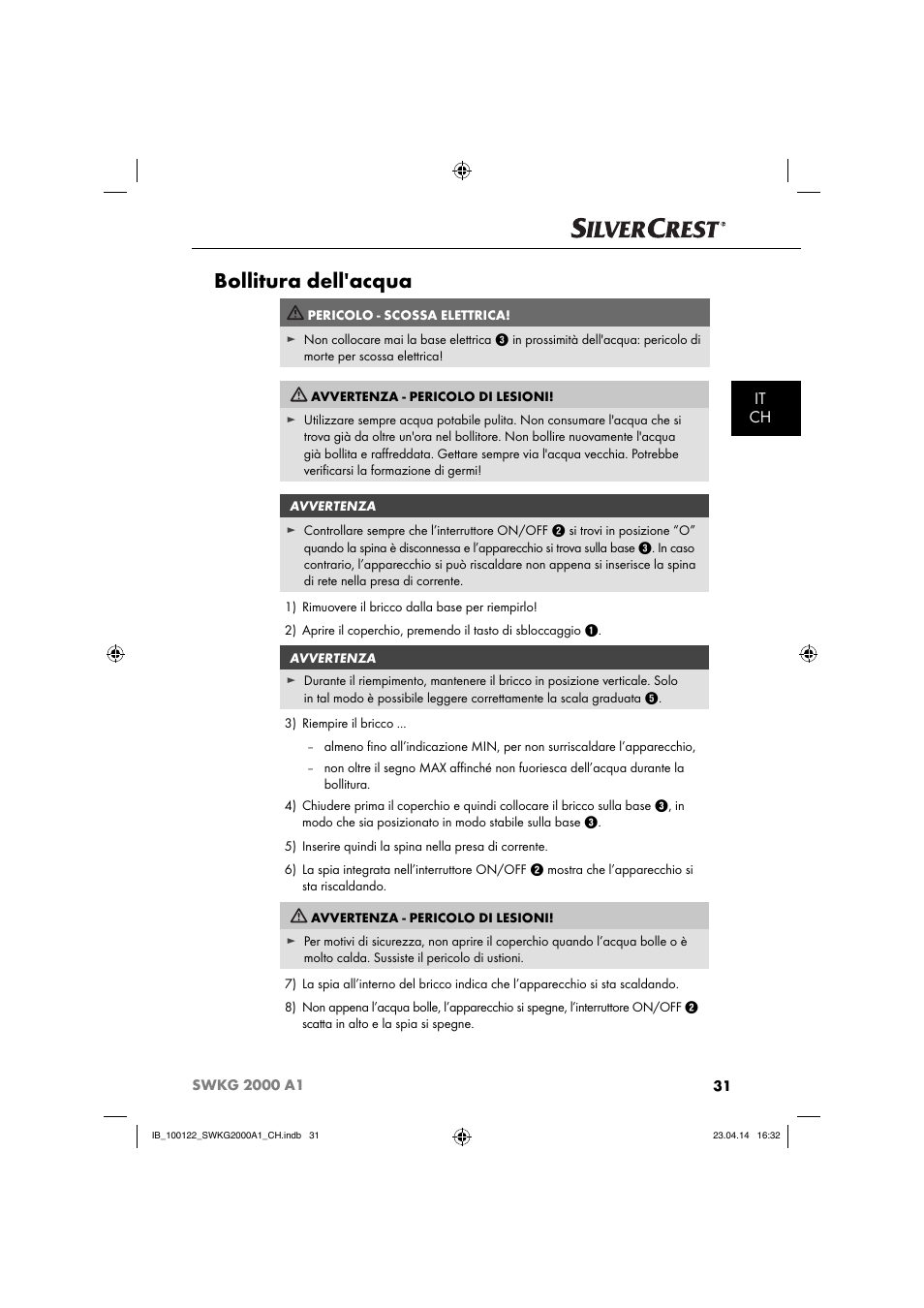 Bollitura dell'acqua, It ch | Silvercrest SWKG 2000 A1 User Manual | Page 34 / 51