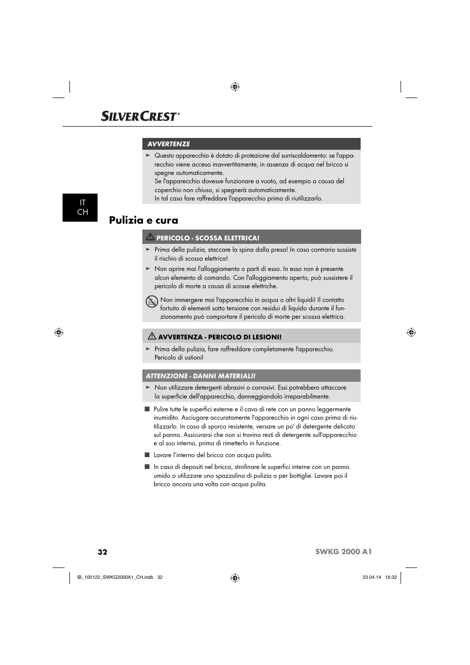 Pulizia e cura, It ch | Silvercrest SWKG 2000 A1 User Manual | Page 35 / 51