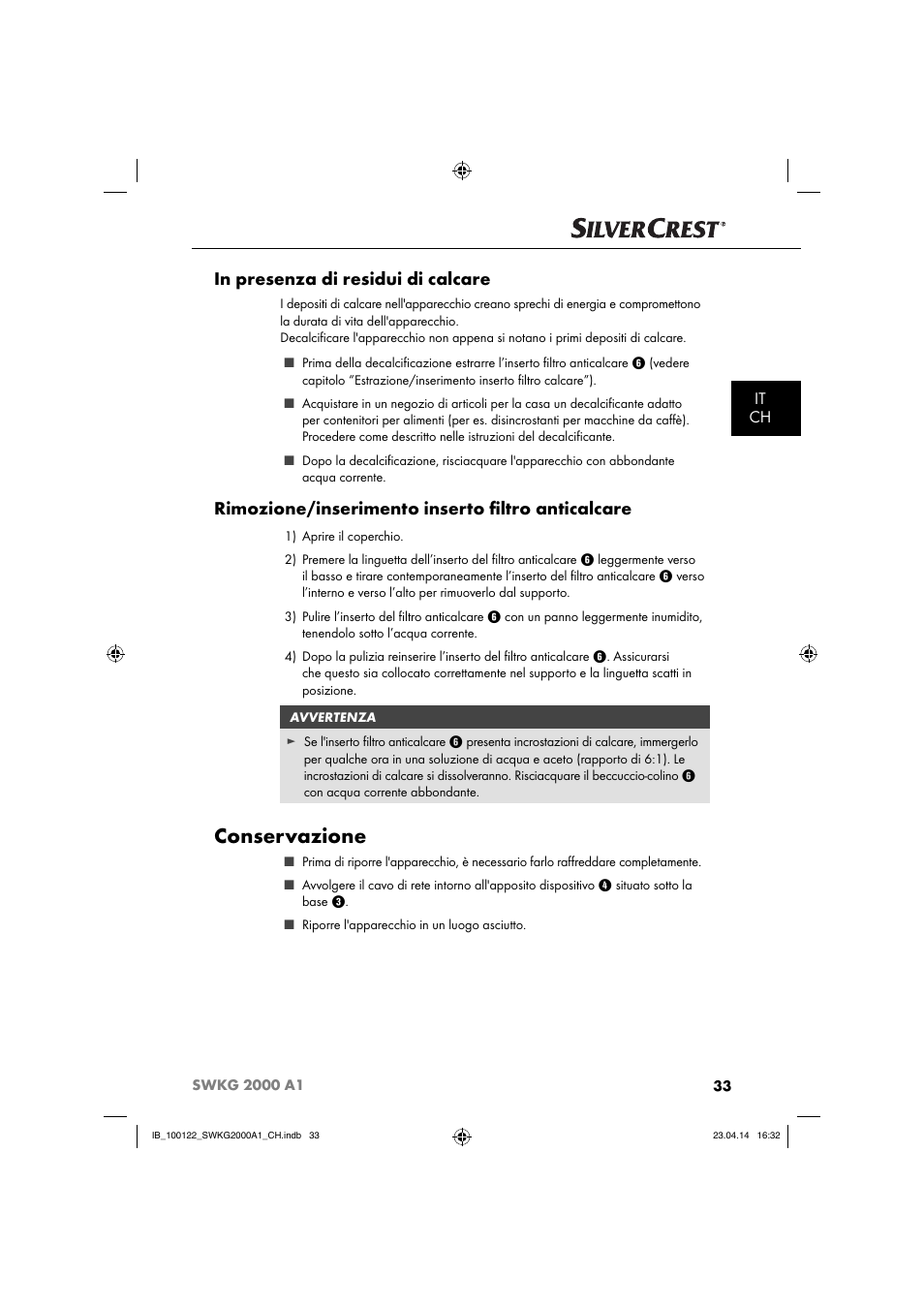 Conservazione, Rimozione/inserimento inserto ﬁ ltro anticalcare, It ch | Silvercrest SWKG 2000 A1 User Manual | Page 36 / 51