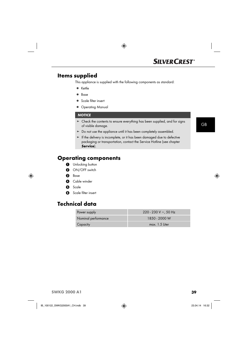 Items supplied, Operating components, Technical data | Silvercrest SWKG 2000 A1 User Manual | Page 42 / 51