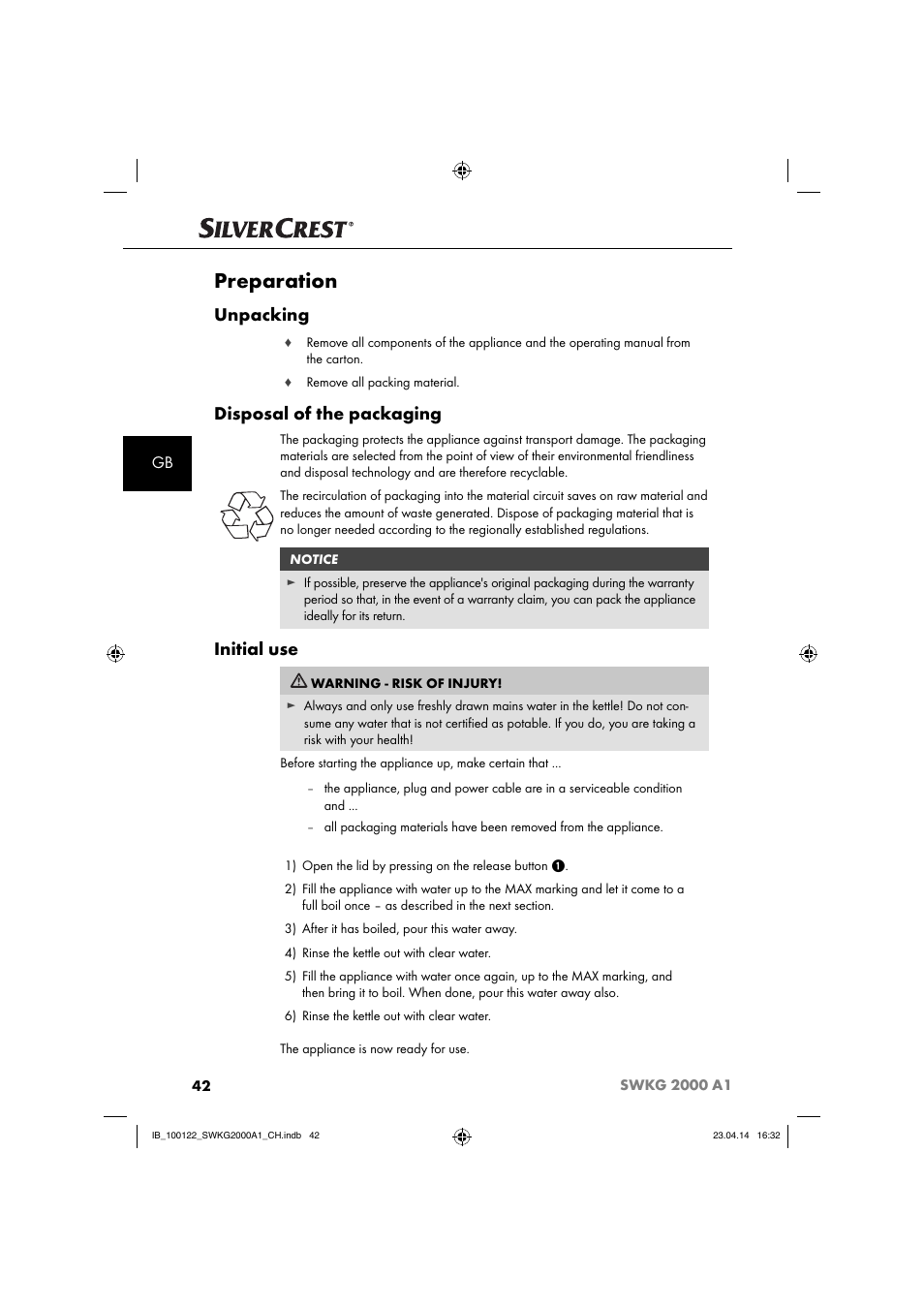 Preparation, Unpacking, Disposal of the packaging | Initial use | Silvercrest SWKG 2000 A1 User Manual | Page 45 / 51