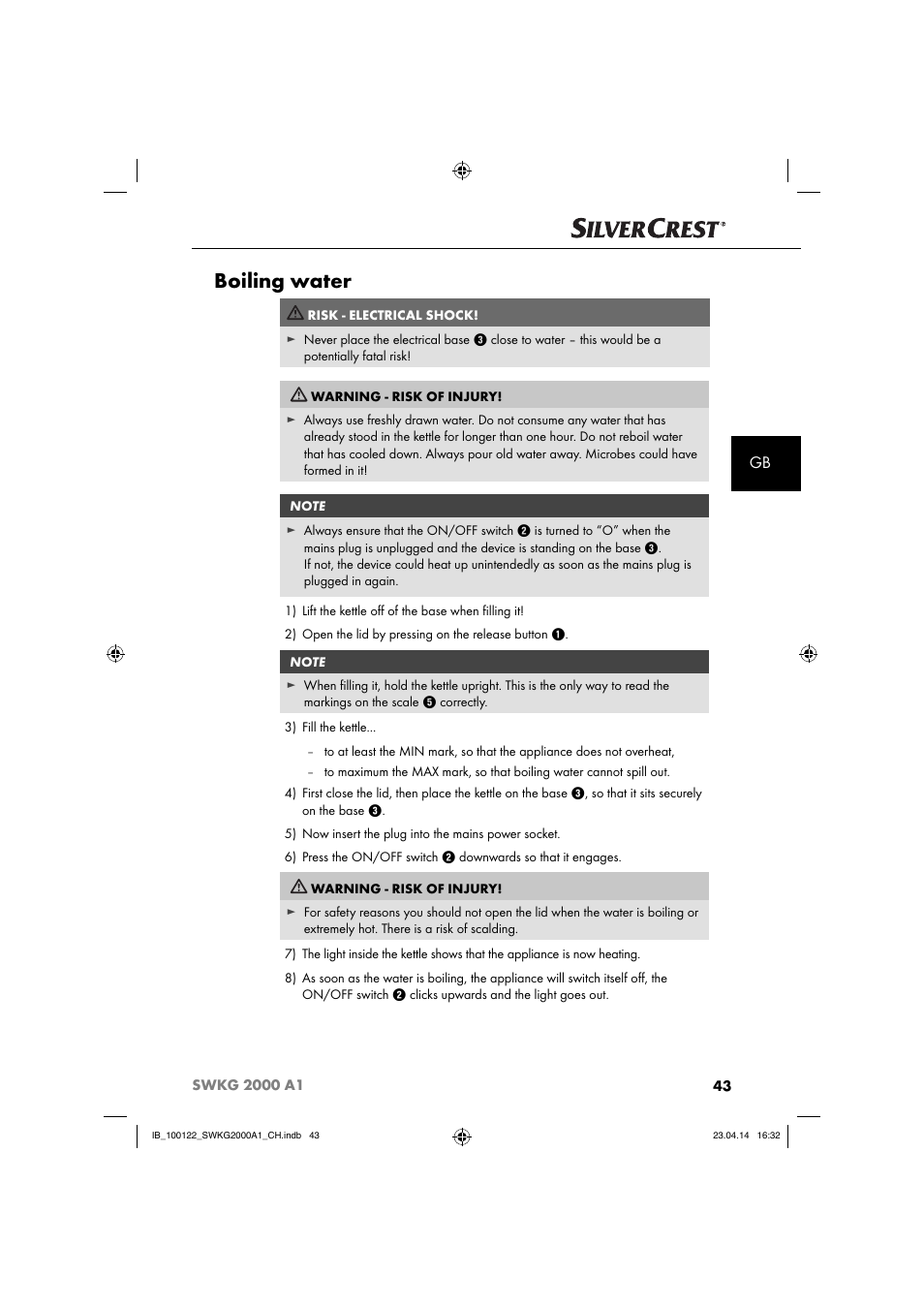 Boiling water | Silvercrest SWKG 2000 A1 User Manual | Page 46 / 51