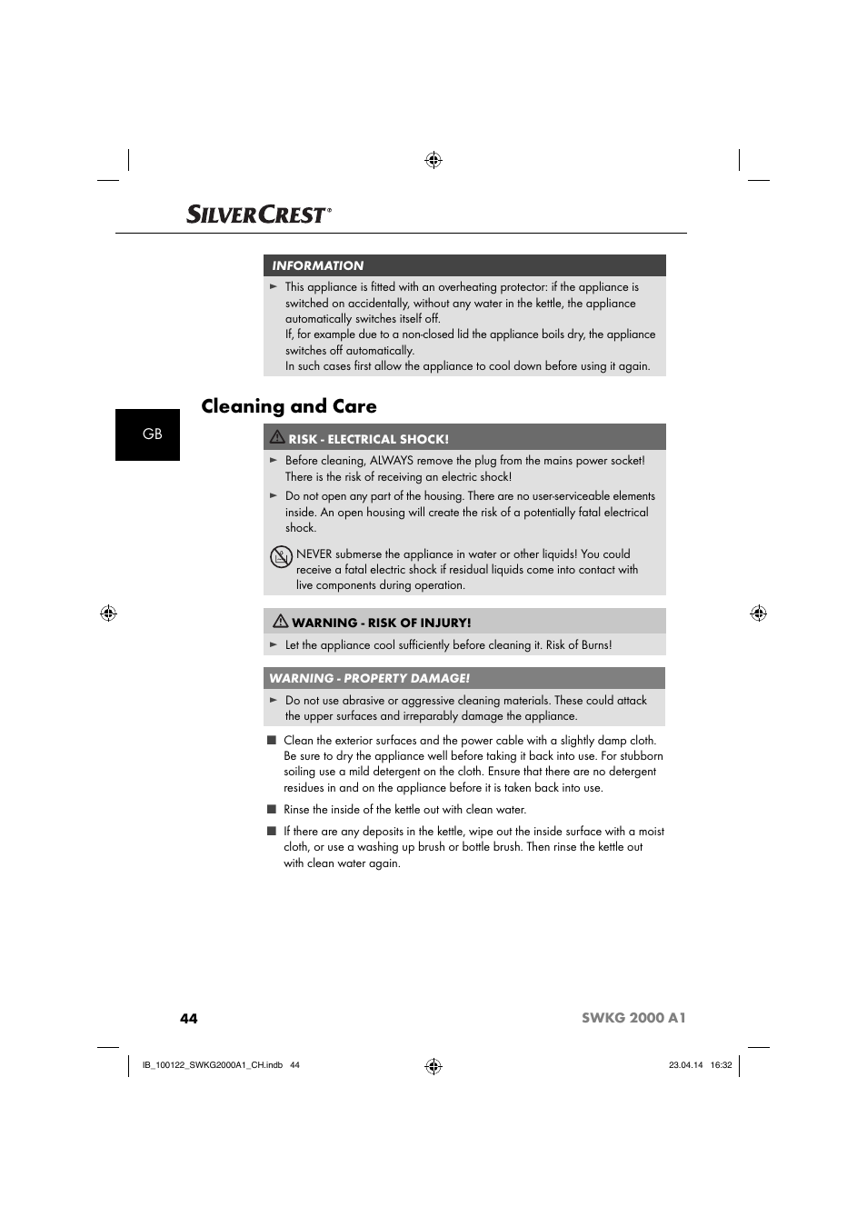 Cleaning and care | Silvercrest SWKG 2000 A1 User Manual | Page 47 / 51