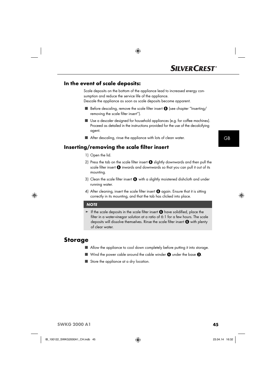 Storage, Inserting/removing the scale ﬁ lter insert | Silvercrest SWKG 2000 A1 User Manual | Page 48 / 51