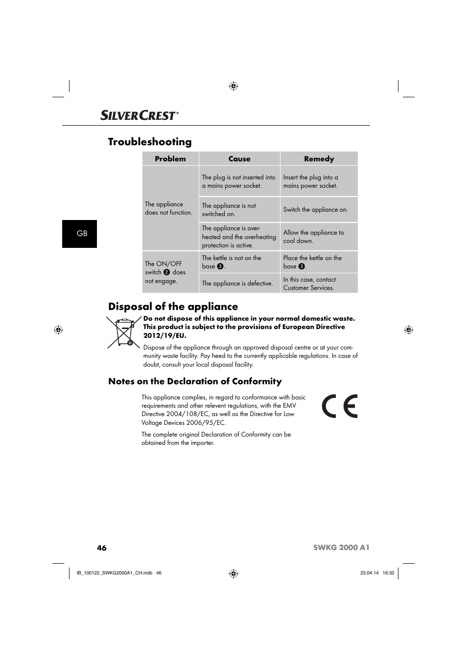 Troubleshooting, Disposal of the appliance | Silvercrest SWKG 2000 A1 User Manual | Page 49 / 51