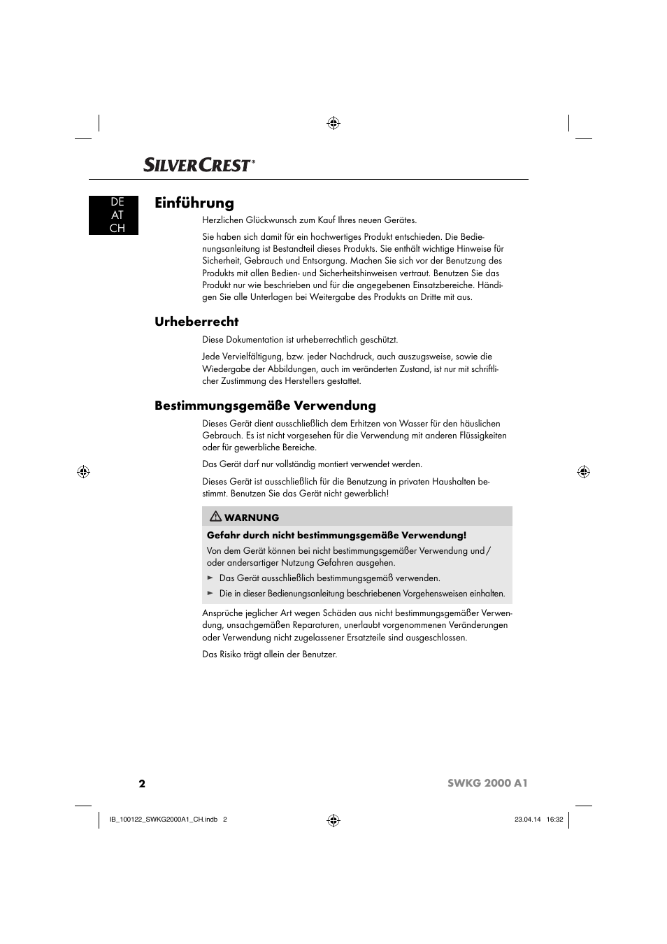 Einführung, Urheberrecht, Bestimmungsgemäße verwendung | De at ch | Silvercrest SWKG 2000 A1 User Manual | Page 5 / 51