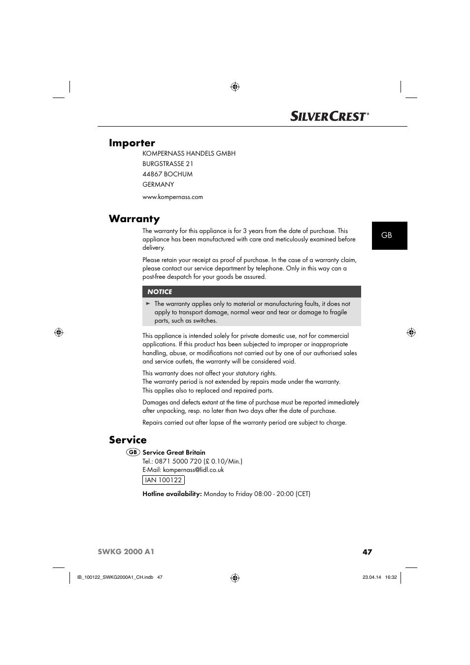 Importer, Warranty, Service | Silvercrest SWKG 2000 A1 User Manual | Page 50 / 51