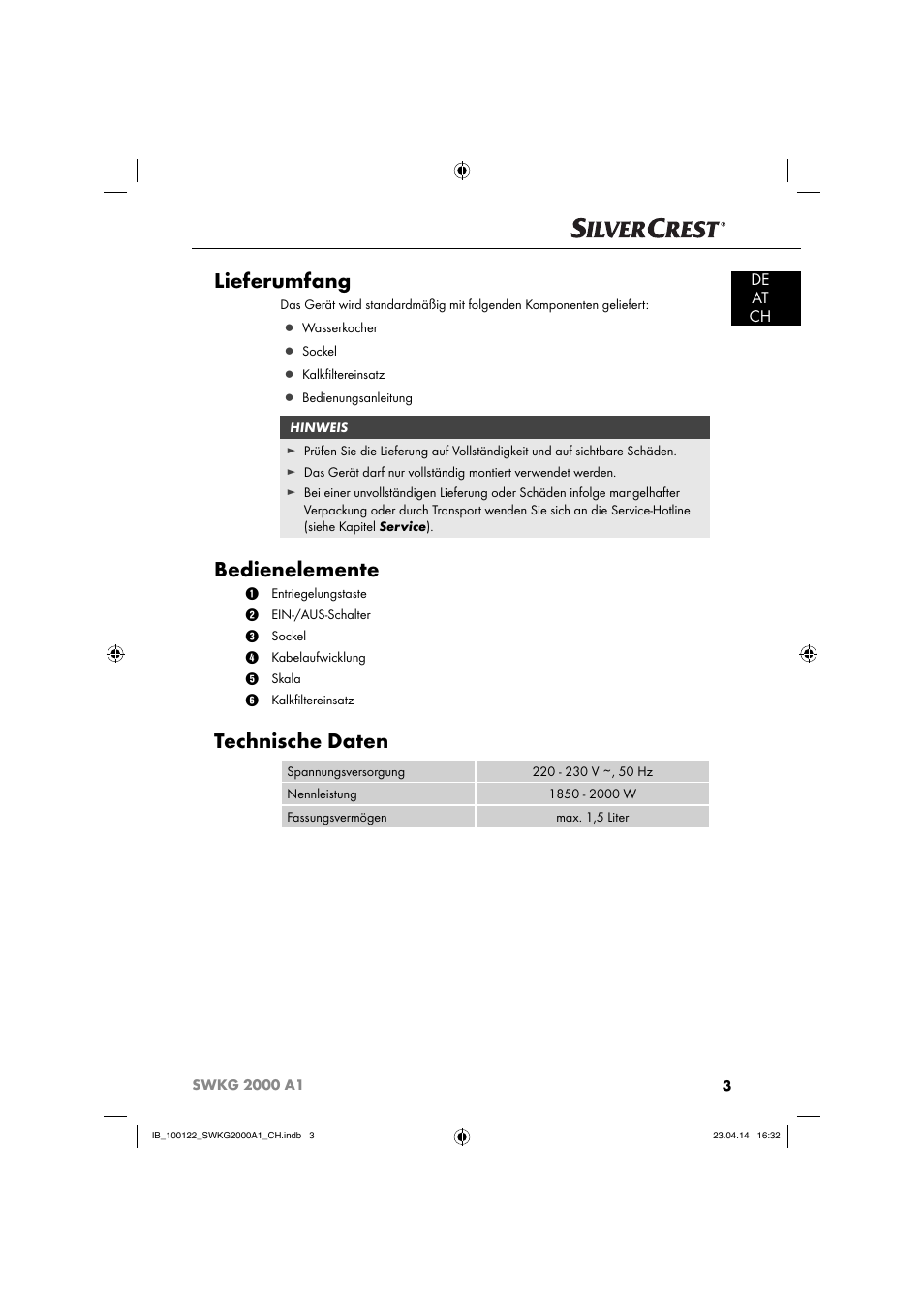 Lieferumfang, Bedienelemente, Technische daten | De at ch | Silvercrest SWKG 2000 A1 User Manual | Page 6 / 51