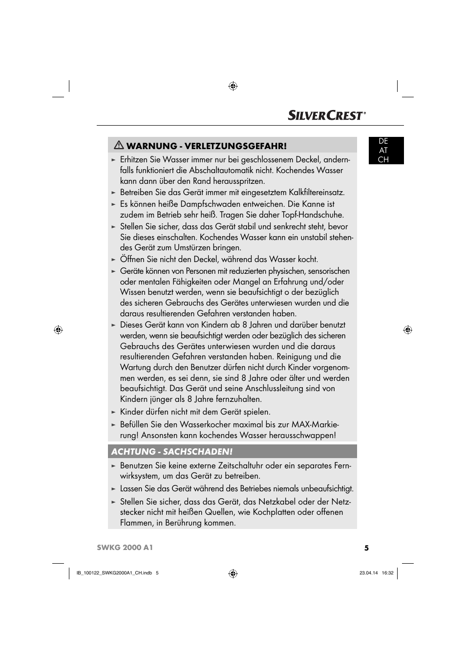 Warnung - verletzungsgefahr, Kinder dürfen nicht mit dem gerät spielen | Silvercrest SWKG 2000 A1 User Manual | Page 8 / 51